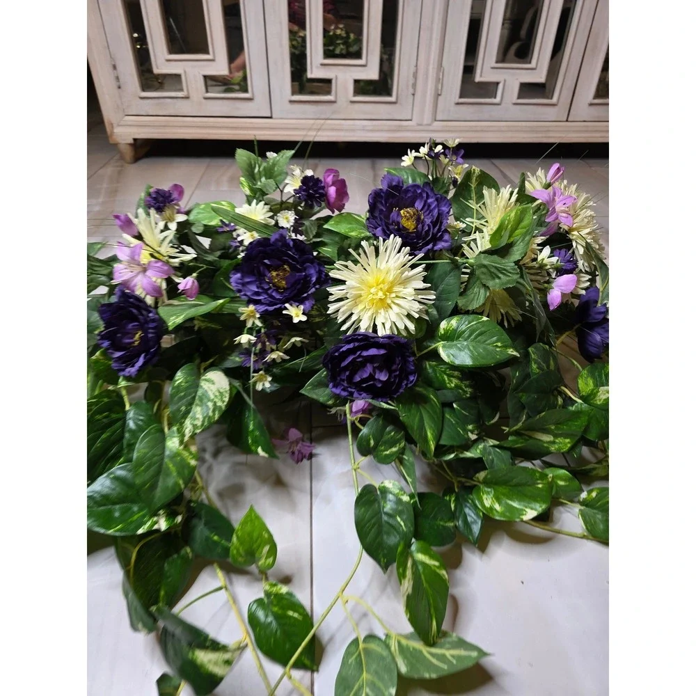 Silk Purple Peony Cream Chrysanthemum Floral‎ Arrangement in Wicker Basket 35in
